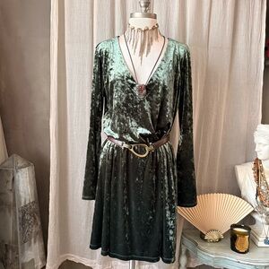 a.n.a Green velvet mini dress with long bell fairy sleeves and V-neckline